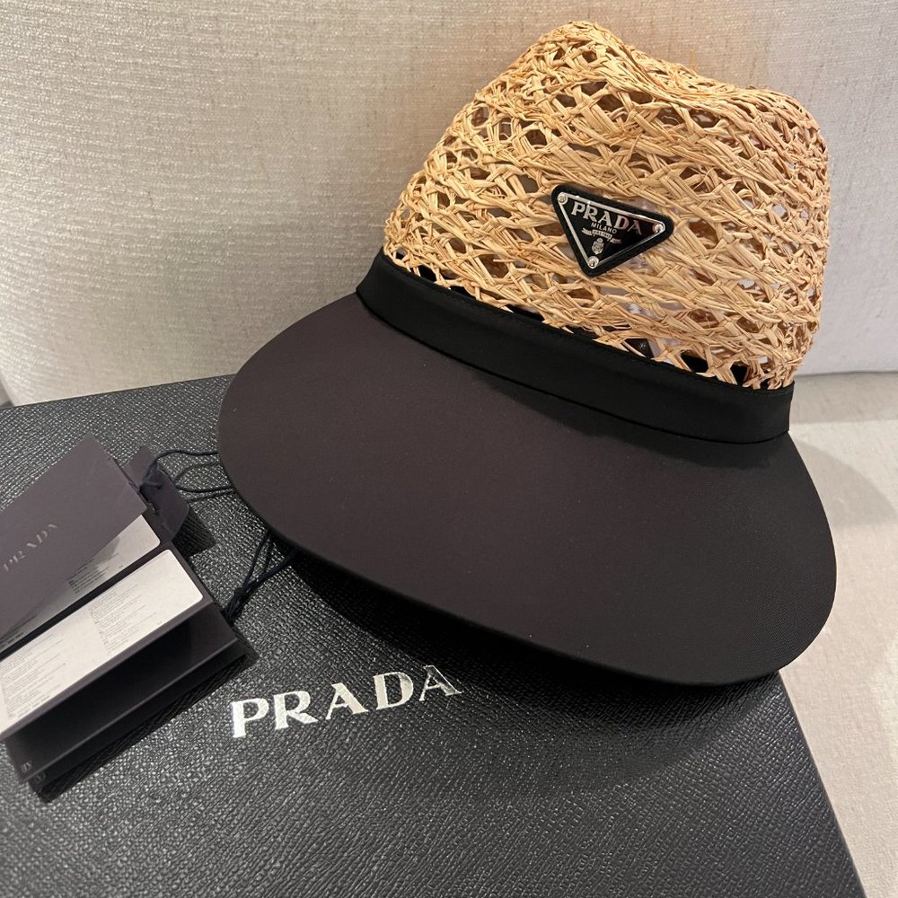 Prada Black Woven Raffia & Nylon Logo Visor Hat